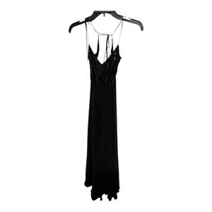 UNIQUE Flowy Sequined Long Strappy Dress Black Criss-Cross Tie Back Womens M